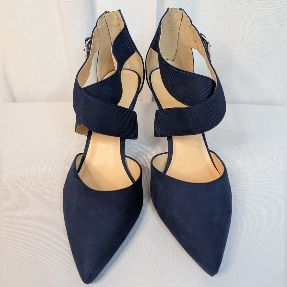 Liz Claiborne Keegan Navy Blue Suede Crossover Strap Stiletto Heels EUC - Picture 2 of 10